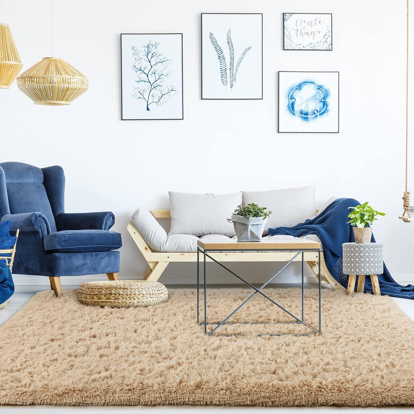 Fluffy Large Area Rugs for Bedroom Living Room, 5.3X7.5 Beige Soft Shag Furry Shaggy Modern Area Rugs Washable Non Shedding Indoor Fuzzy Rugs Carpets for Kids Girls Room Home Decor