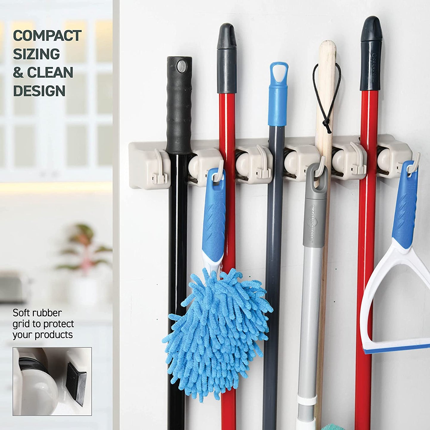 Mop and Broom Holder - Garage Storage Systems with 5 Slots, 6 Hooks, 7.5Lbs Capacity per Slot - Garden Tool Organizer for 11 Tools - for Home, Kitchen, Closet, Laundry Room - Off-White