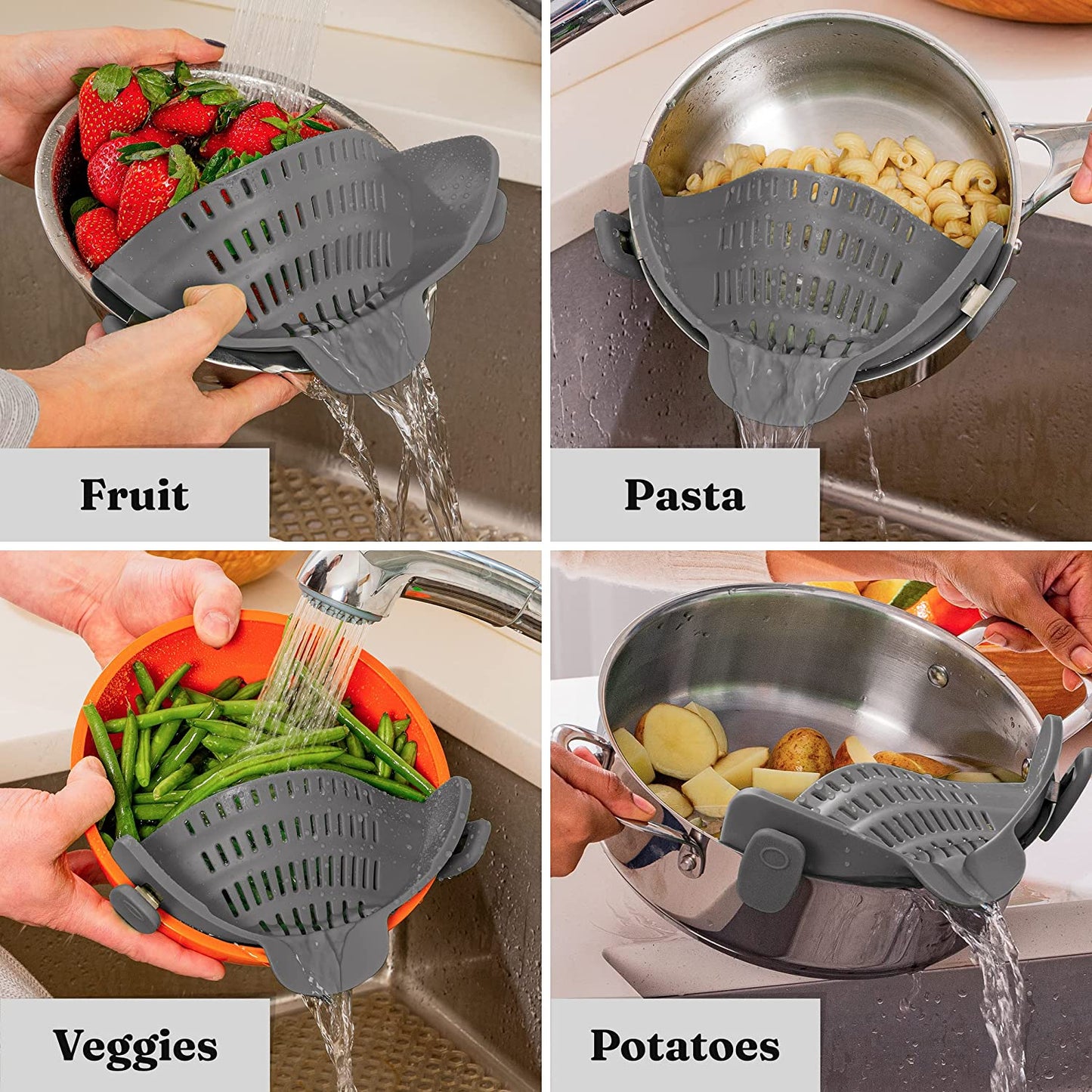 Snap N' Strain - Silicone Clip-On Colander, Heat Resistant Drainer for Vegetables and Pasta Noodles, Kitchen Gadgets for Bowl, Pots, and Pans - Essential Home Cooking Tools - Grey