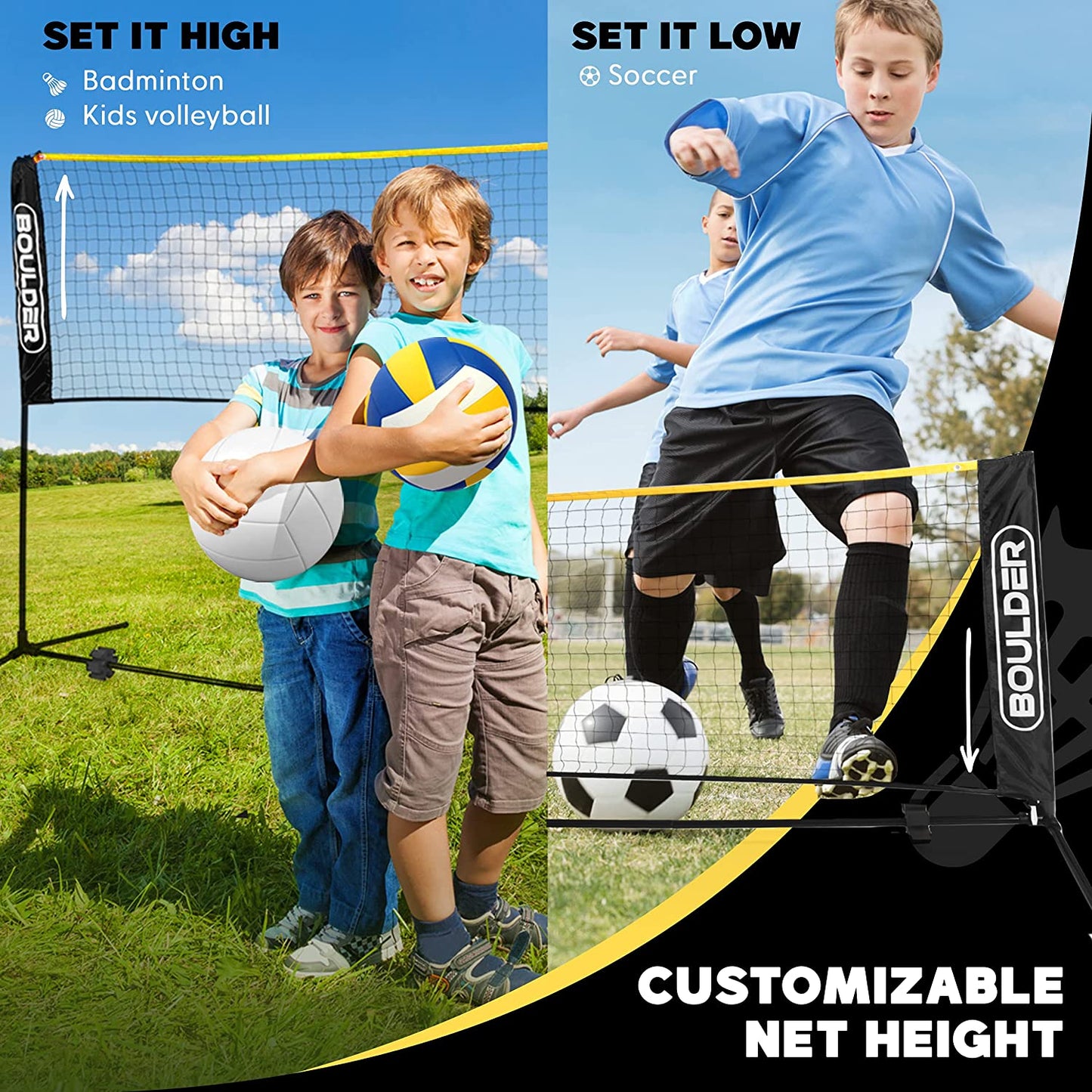 Badminton Pickleball Net - Adjustable Portable Net for Junior Tennis, Kids Volleyball & Soccer, and Backyard Games - Easy Setup Nylon Sports Net with Poles 10 Ft/14Ft/17Ft/22Ft Wide