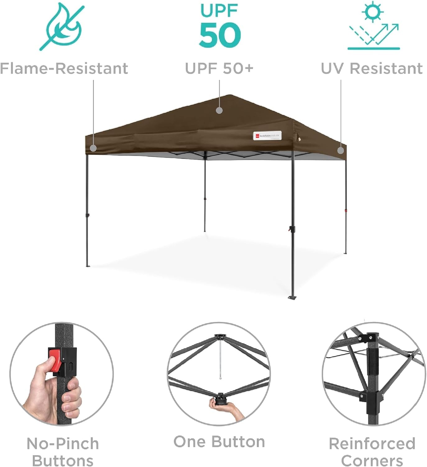 10X10Ft 1-Person Setup Pop up Canopy Tent Instant Portable Shelter W/ 1-Button Push, Case, 4 Weight Bags - Brown