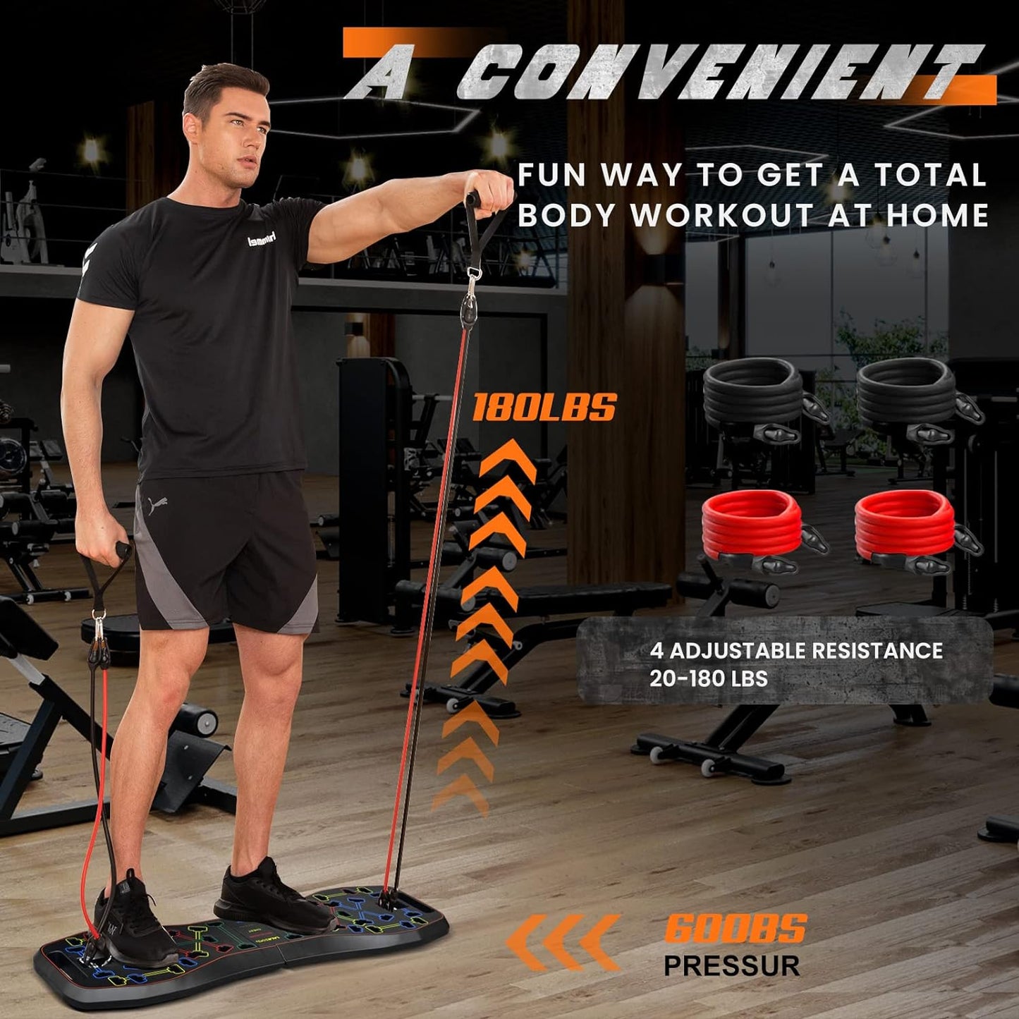 Portable Home Gym System: Large Compact Push up Board, Pilates Bar & 20 Fitness Accessories with Resistance Bands & Ab Roller Wheel - Full Body Workout for Men and Women, Gift for Boyfriend