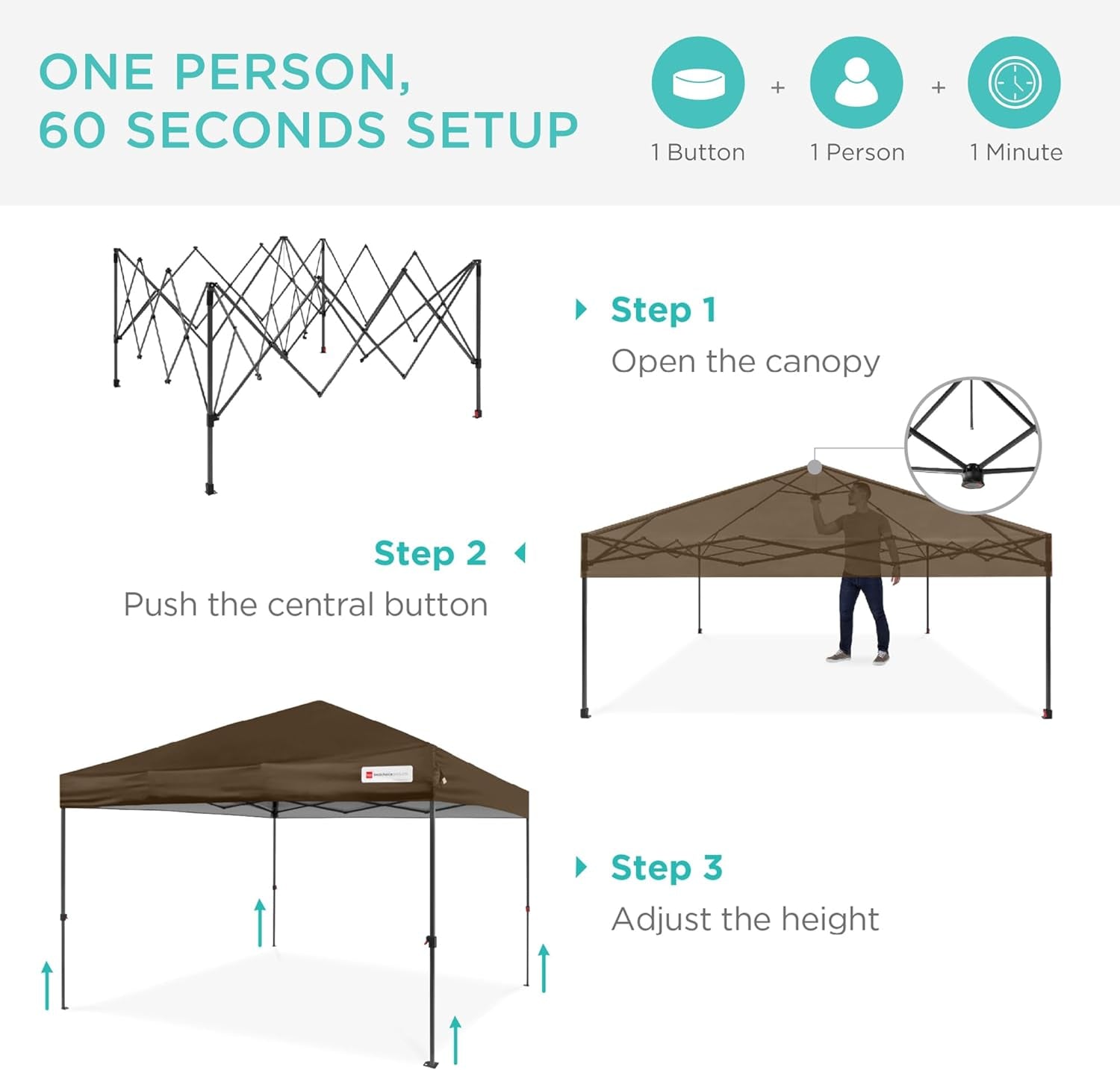 10X10Ft 1-Person Setup Pop up Canopy Tent Instant Portable Shelter W/ 1-Button Push, Case, 4 Weight Bags - Brown