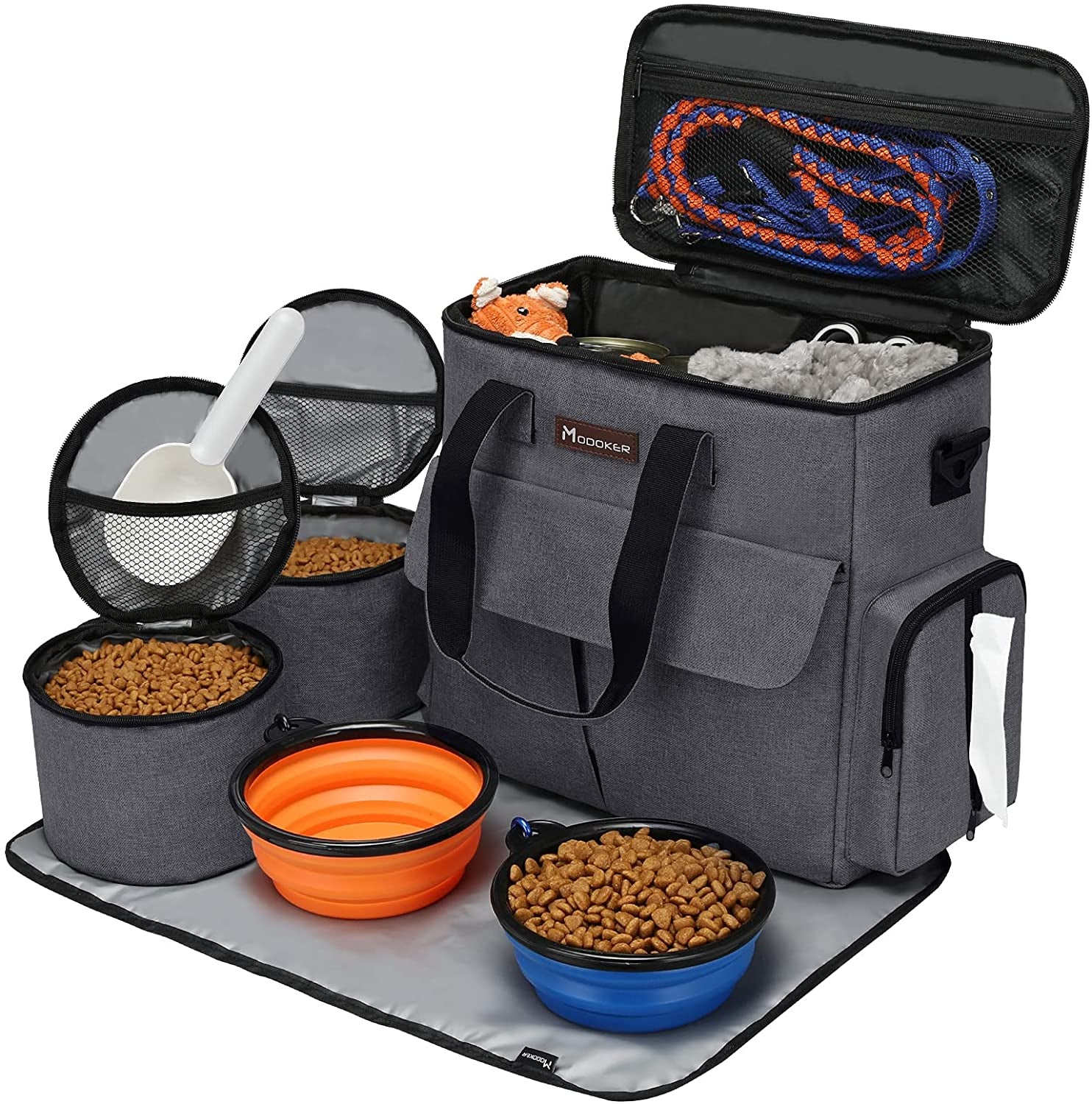 Airline Approved Pet Travel Bag, Weekend Dog Travel Set for Dog and Cat, Airline Approved Tote Organizer with Multi-Function Pockets 2 Food Storage Containers, 2 Collapsible Bowls (Dark Gray)