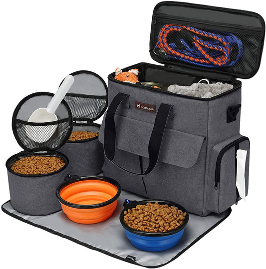 Airline Approved Pet Travel Bag, Weekend Dog Travel Set for Dog and Cat, Airline Approved Tote Organizer with Multi-Function Pockets 2 Food Storage Containers, 2 Collapsible Bowls (Dark Gray)