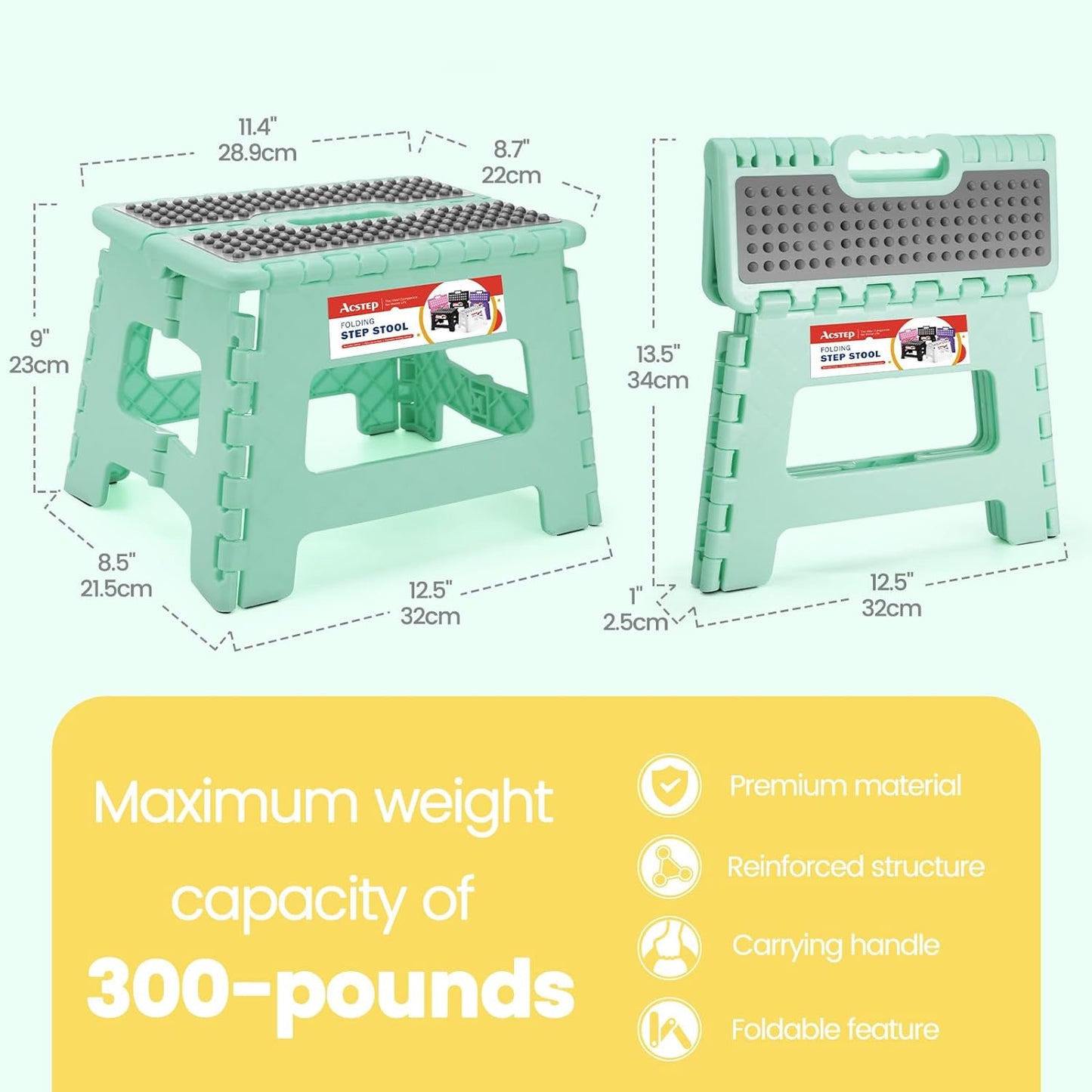 9 Inch Folding Step Stool 300 LB Capacity Non Slip Foot Stool with Handle Plastic Foldable Step Stools for Kids Stepping Stool for Bathroom Black Small Step Stool (1 PC Teal)