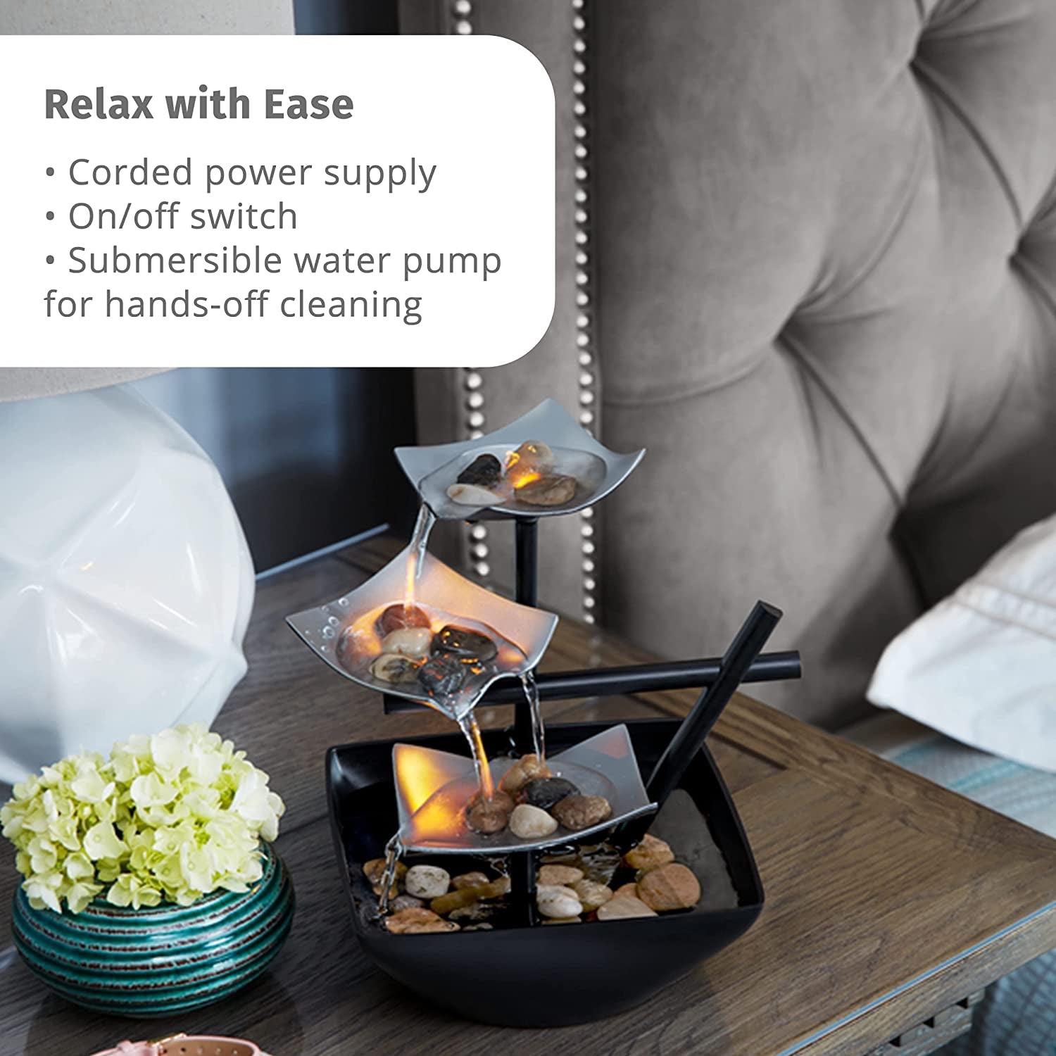 Tabletop Water Fountain, Home Décor Soothing Sound Machine - Automatic Pump, Deep Basin & Natural River Rocks. Indoor Zen Relaxation for Office, Living Room, or Bedroom, 8.25” Tall