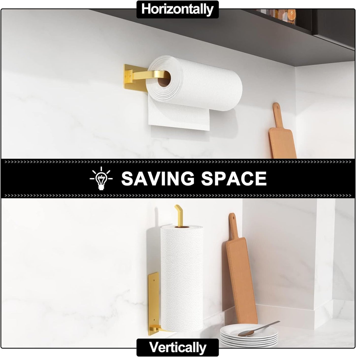 Paper Towel Holder - Self-Adhesive or Drilling, Gold Wall Mounted Paper Towel Rack under Cabinet for Kitchen, Upgraded Aluminum Kitchen Roll Holder - Lighter but Stronger than Stainless Steel!
