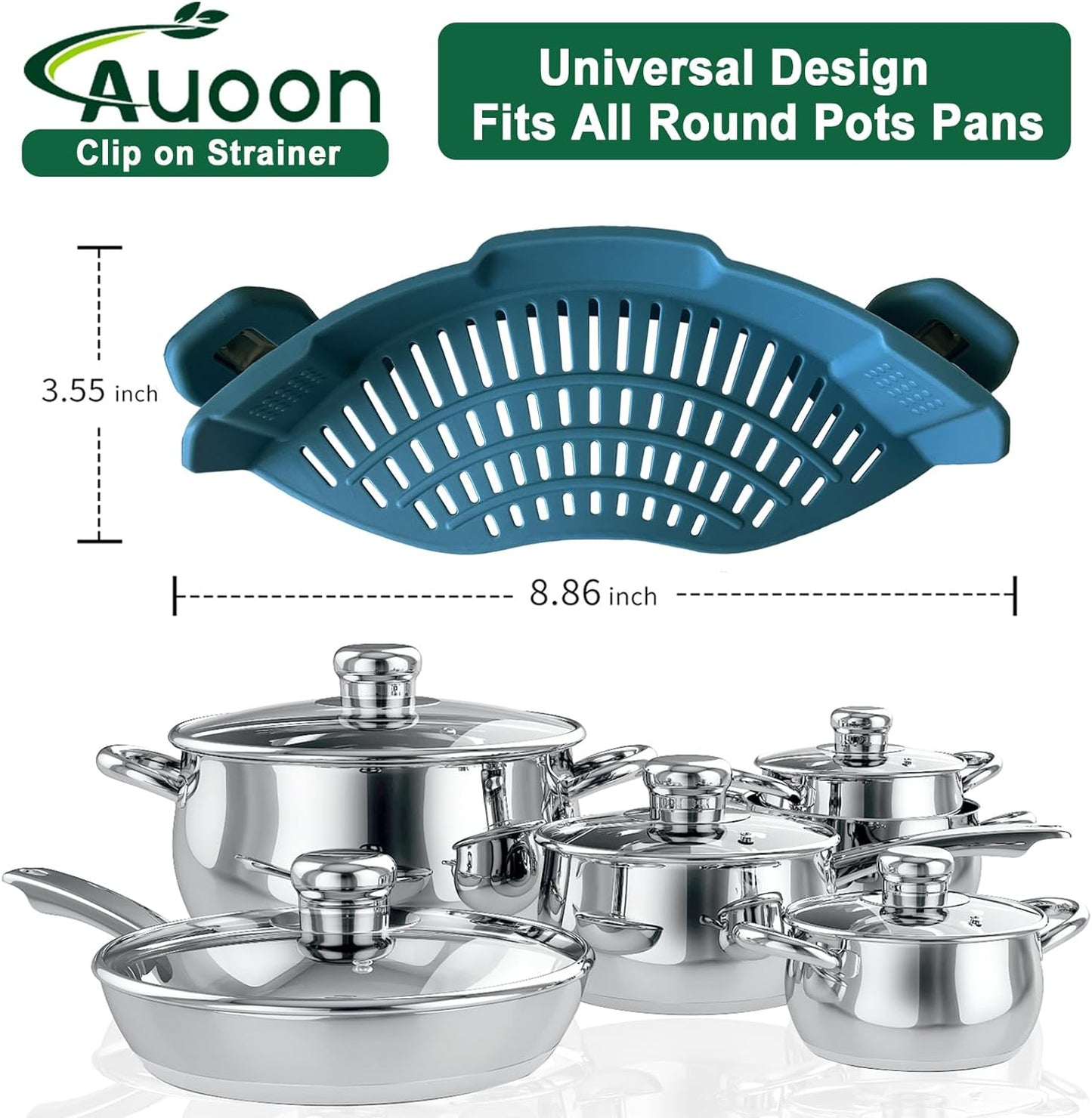 Clip on Strainer Silicone for All Pots and Pans, Pasta Strainer Clip on Food Strainer for Meat Vegetables Fruit Silicone Kitchen Colander (Fog Blue)