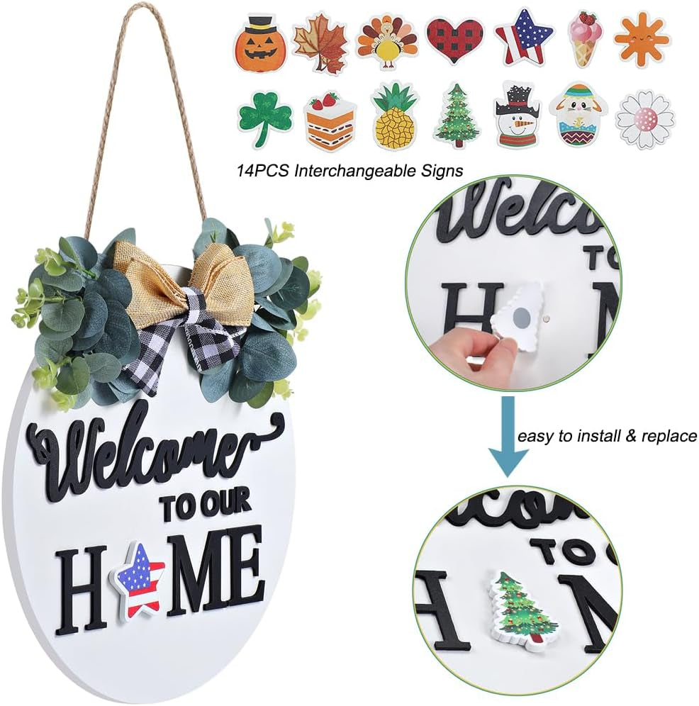 Seasonal Interchangeable Welcome Sign for Front Door Decor, Welcome to Our Home Sign with Holiday Pieces for Farmhouse Front Porch Decor and Housewarming Gift(White)