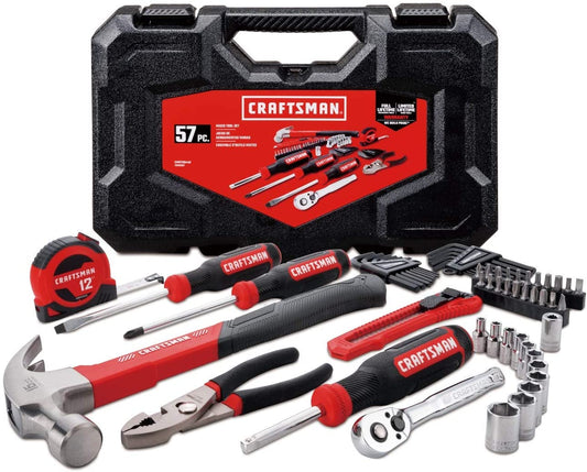 Home Tool Kit / Mechanics Tool Set, 57-Piece, Hammer, Screwdrivers, Drill Bits, Sockets, Ratchet, Hex Keys, Tape Measure, Pliers and More (CMMT99446)