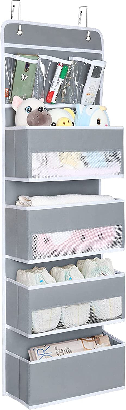 Door Hanging Organizer Nursery Closet Cabinet Baby Storage with 4 Large Pockets and 3 Small PVC Pockets for Cosmetics, Toys and Sundries (Grey)