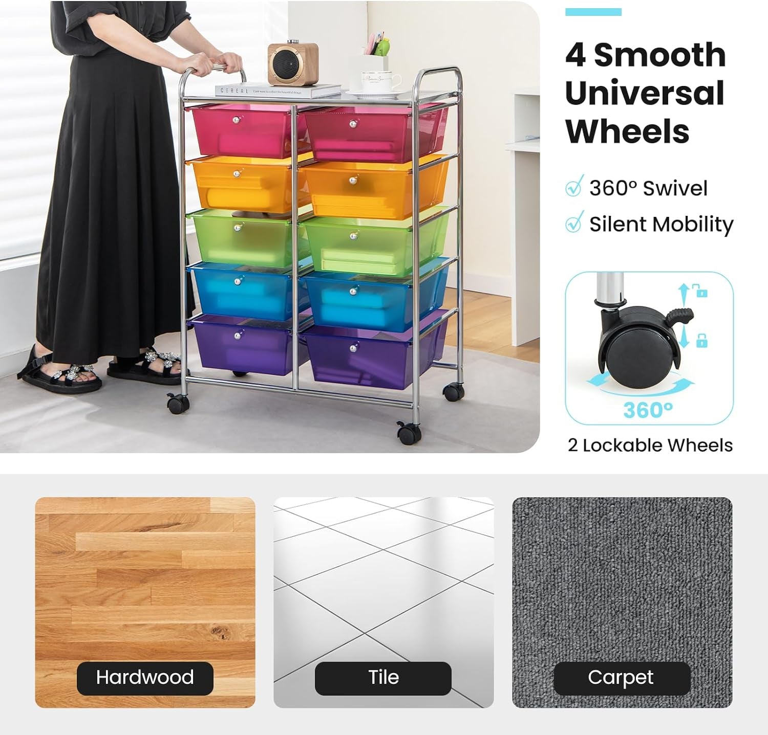 10 Drawers Rolling Cart, Classroom Organizers, Storage Cart with Wheels, for Teacher Office Home School Supplies Tool Craft Art Paper