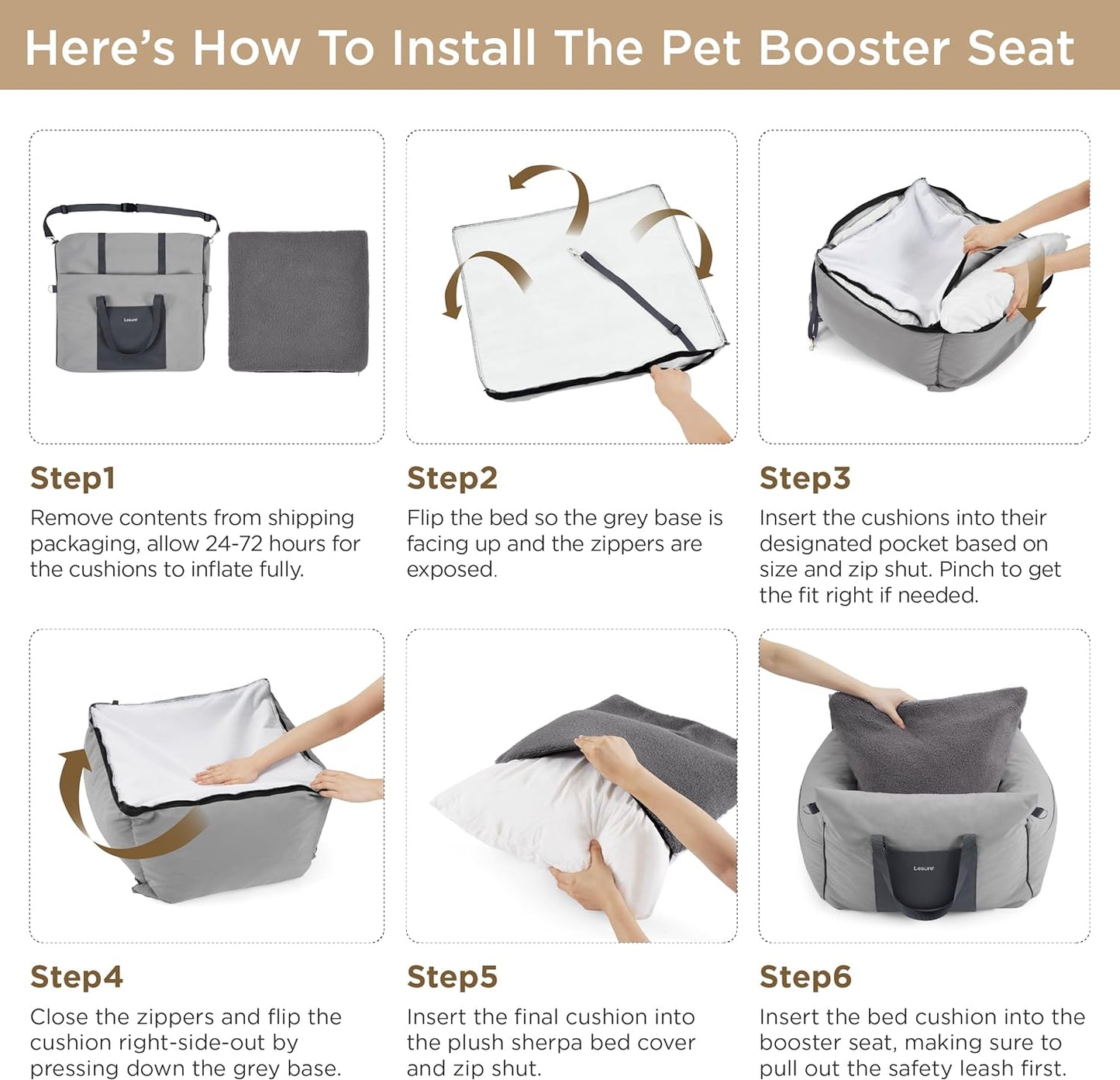 Lesure Small Dog Car Seat for Small Dogs - Waterproof Dog Booster Seat for Car with Storage Pockets and Clip-On Safety Leash and Thickened Memory Foam Filling, Pet Carseat Travel Carrier Bed, Grey