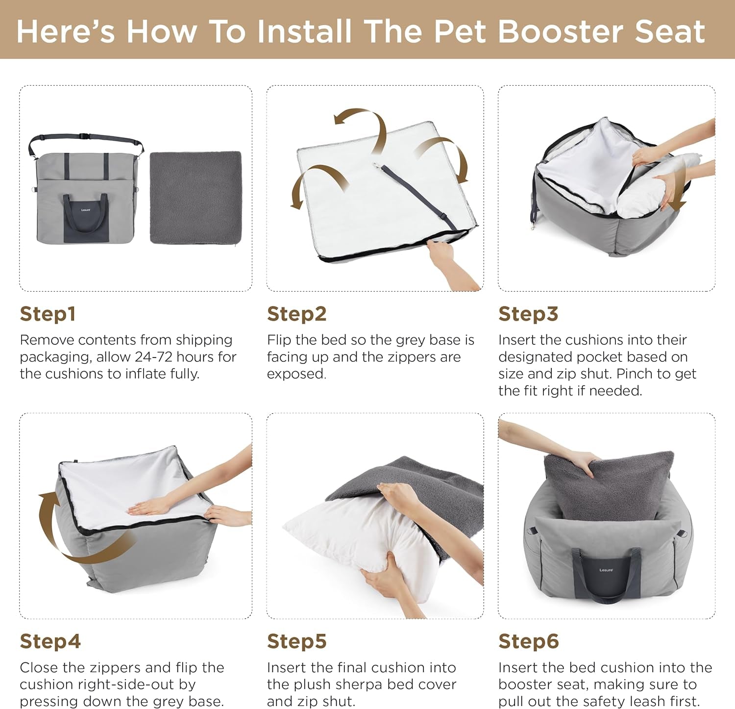 Lesure Small Dog Car Seat for Small Dogs - Waterproof Dog Booster Seat for Car with Storage Pockets and Clip-On Safety Leash and Thickened Memory Foam Filling, Pet Carseat Travel Carrier Bed, Grey