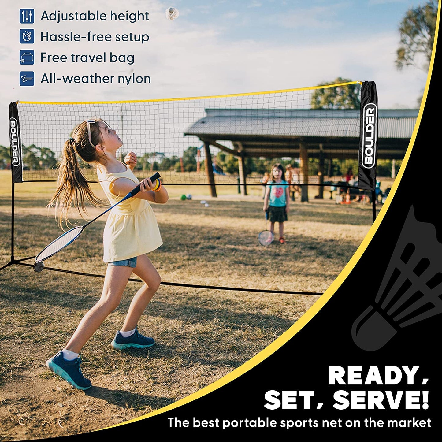 Badminton Pickleball Net - Adjustable Portable Net for Junior Tennis, Kids Volleyball & Soccer, and Backyard Games - Easy Setup Nylon Sports Net with Poles 10 Ft/14Ft/17Ft/22Ft Wide