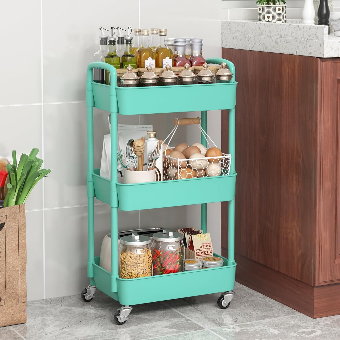 3-Tier Plastic Rolling Utility Cart with Handle, Multi-Functional Storage Trolley for Office, Living Room, Kitchen, Movable Storage Organizer with Wheels, Green