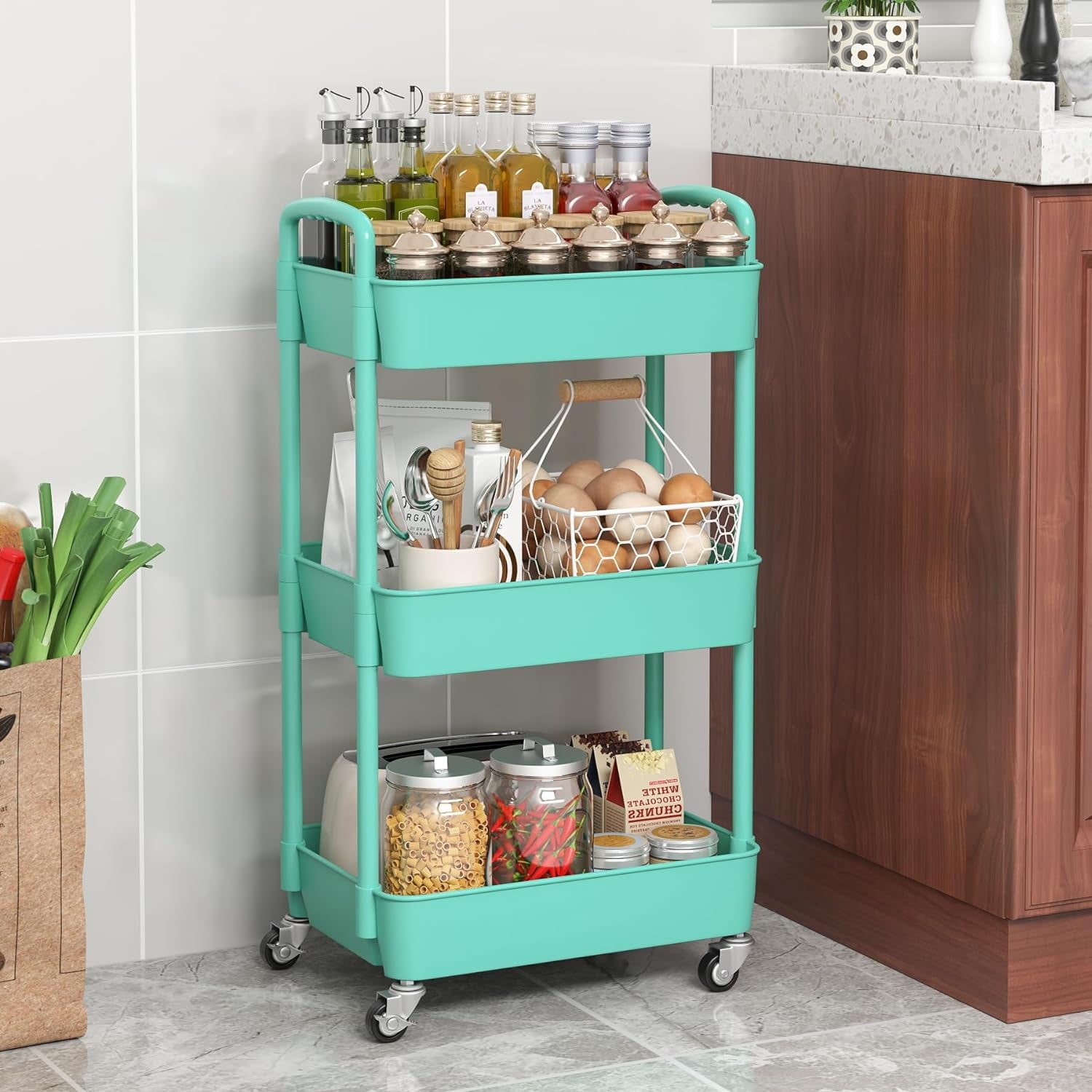 3-Tier Plastic Rolling Utility Cart with Handle, Multi-Functional Storage Trolley for Office, Living Room, Kitchen, Movable Storage Organizer with Wheels, Green