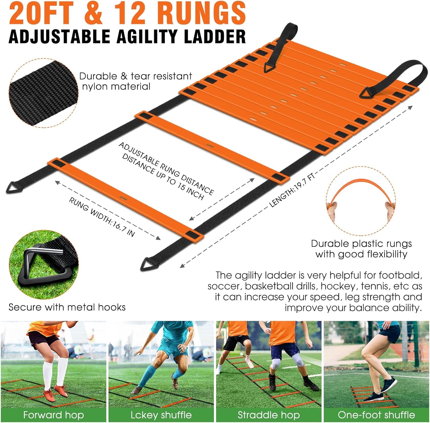 Agility Ladder Speed Training Equipment Set-20Ft Agility Ladder,12 Soccer Cones,4 Hurdles, Jump Rope, Running Parachute| Basketball Football Soccer Training Equipment for Kids Youth Adults