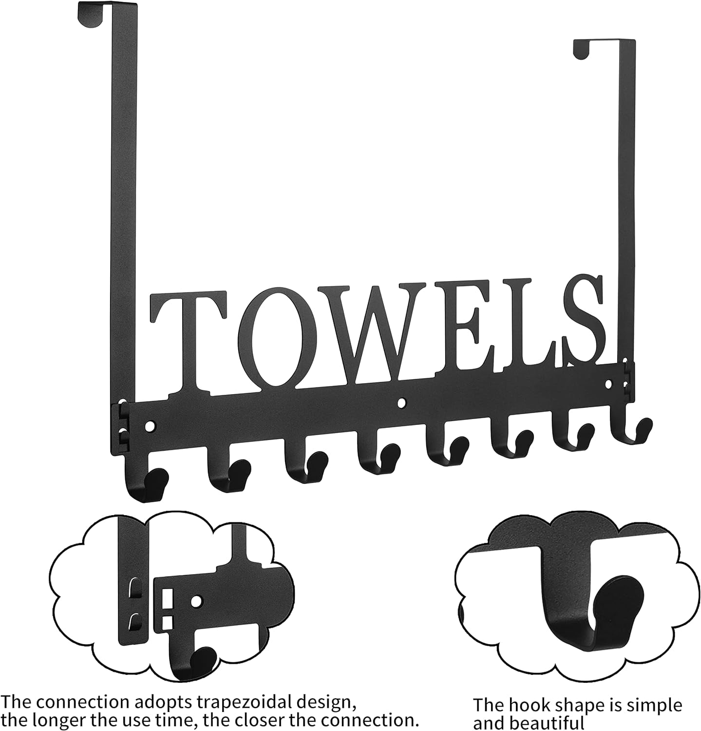 2 Pack Towel Rack Towel Hooks Towel Holder for Bathroom over the Door Hooks Door Mount Towel Hanger Storage Wall Mounted Hooks Organizer for Pool Beach Towels Bathrobe Metal Sandblasted (Black)