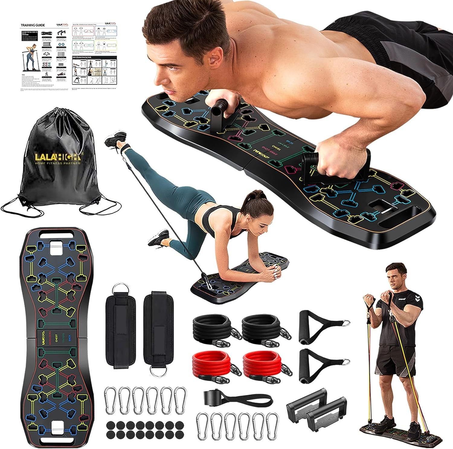 Portable Home Gym System: Large Compact Push up Board, Pilates Bar & 20 Fitness Accessories with Resistance Bands & Ab Roller Wheel - Full Body Workout for Men and Women, Gift for Boyfriend