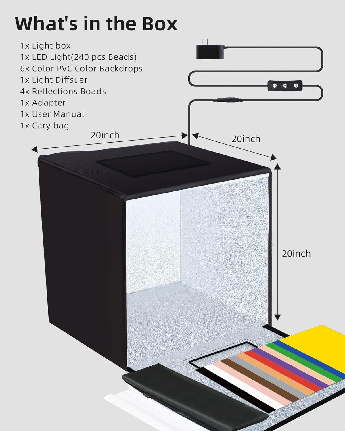20X20 Inch Light Box Photography, Large Photo Studio Light Box, Professional Dimmable Photo Booth with 240 LED Lights & 6 Double-Sided Color Backdrops Photo Box for Product Photography