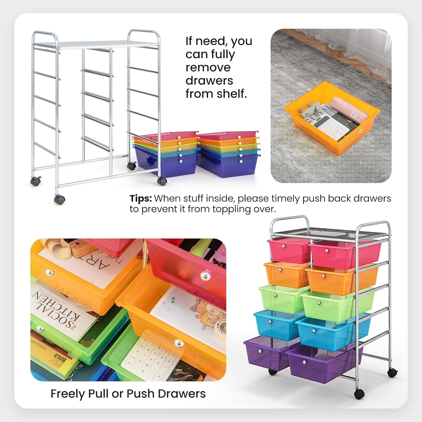 10 Drawers Rolling Cart, Classroom Organizers, Storage Cart with Wheels, for Teacher Office Home School Supplies Tool Craft Art Paper