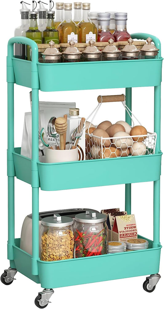3-Tier Plastic Rolling Utility Cart with Handle, Multi-Functional Storage Trolley for Office, Living Room, Kitchen, Movable Storage Organizer with Wheels, Green