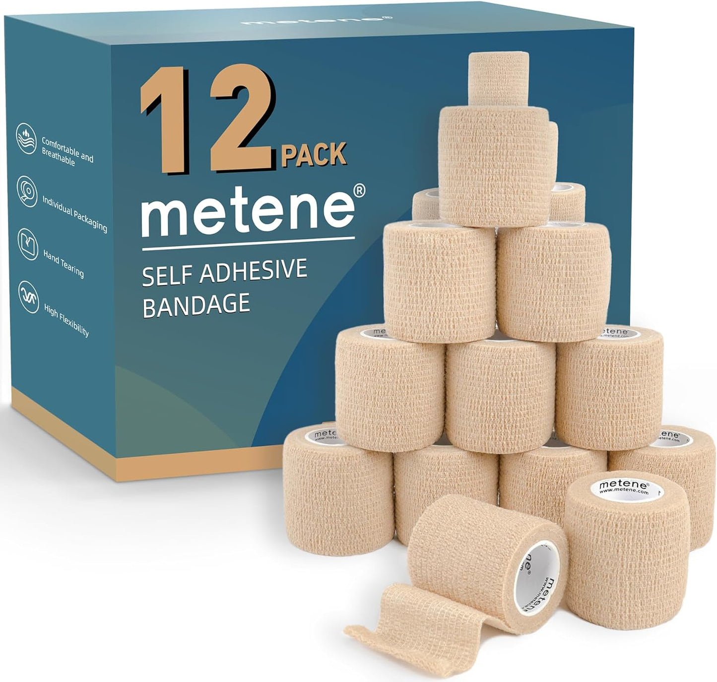 Self Adhesive Bandage Wrap 12 Pack, Athletic Tape 2 Inches X 5 Yards, Sports Tape, Breathable, Waterproof, Elastic Bandage for Sports, Wrist and Ankle Wrap Tape, Non-Woven Bandage(Beige)