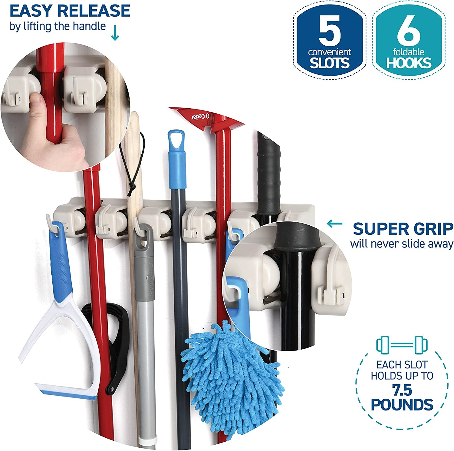 Mop and Broom Holder - Garage Storage Systems with 5 Slots, 6 Hooks, 7.5Lbs Capacity per Slot - Garden Tool Organizer for 11 Tools - for Home, Kitchen, Closet, Laundry Room - Off-White