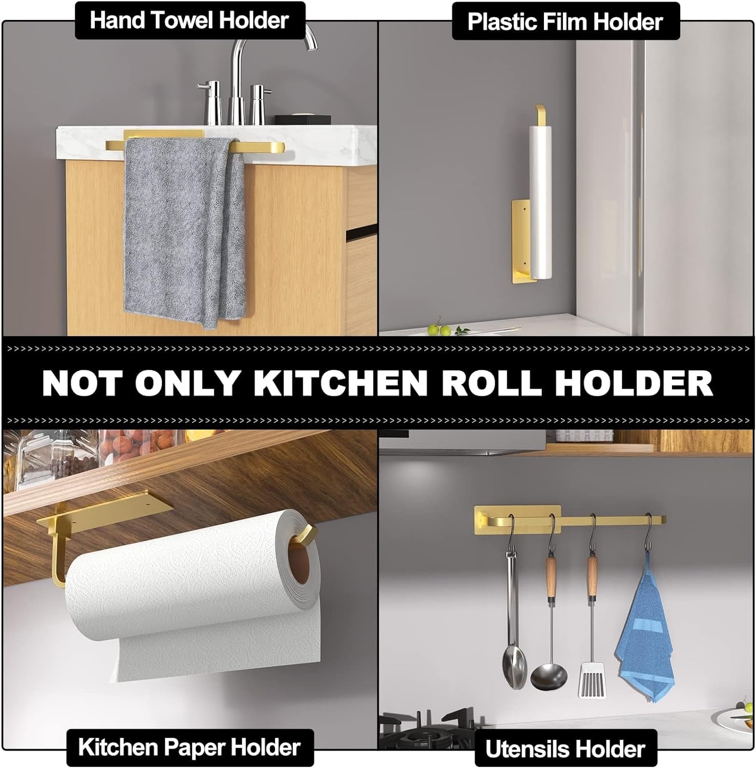 Paper Towel Holder - Self-Adhesive or Drilling, Gold Wall Mounted Paper Towel Rack under Cabinet for Kitchen, Upgraded Aluminum Kitchen Roll Holder - Lighter but Stronger than Stainless Steel!