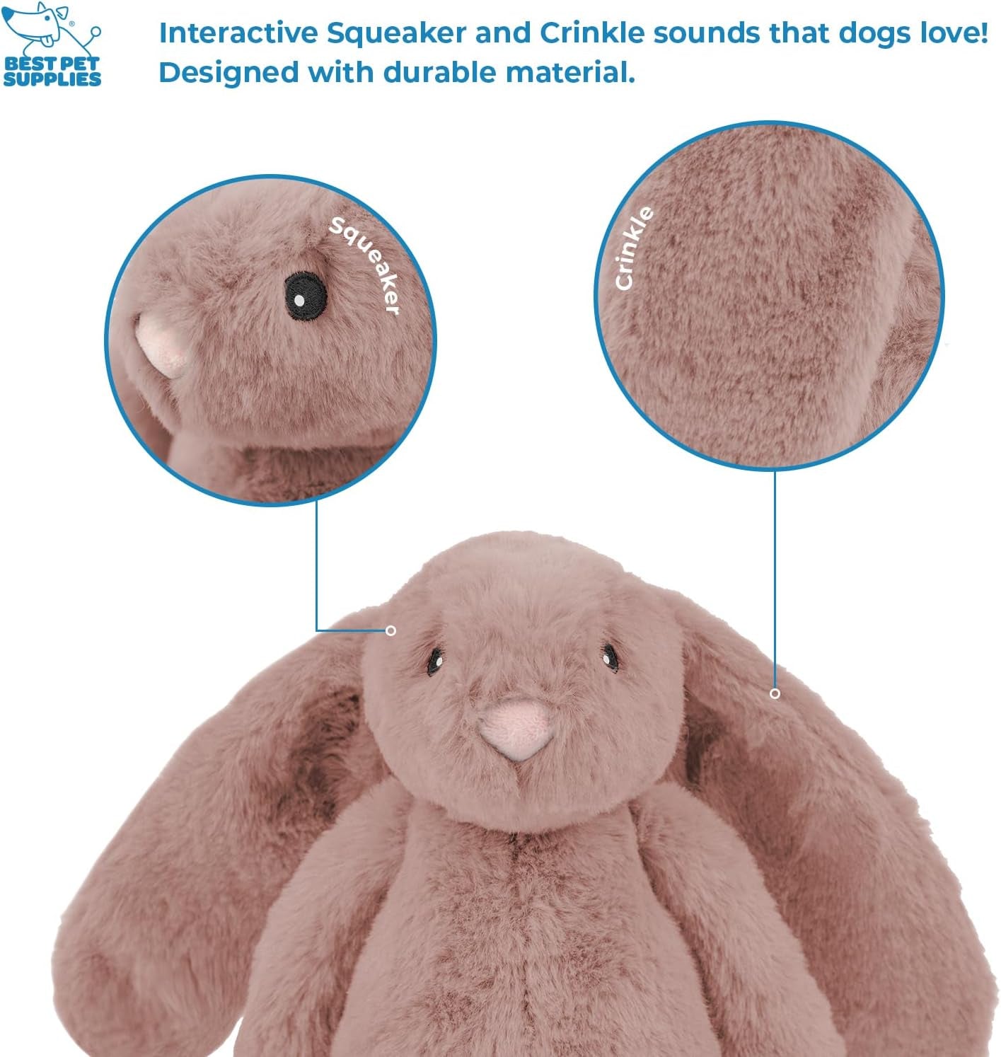 Interactive Bunny Buddy Dog Toy with Crinkle and Squeaky Enrichment for Small and Medium Breed Puppies or Dogs, Cute and Plush - Bunny (Mauve)