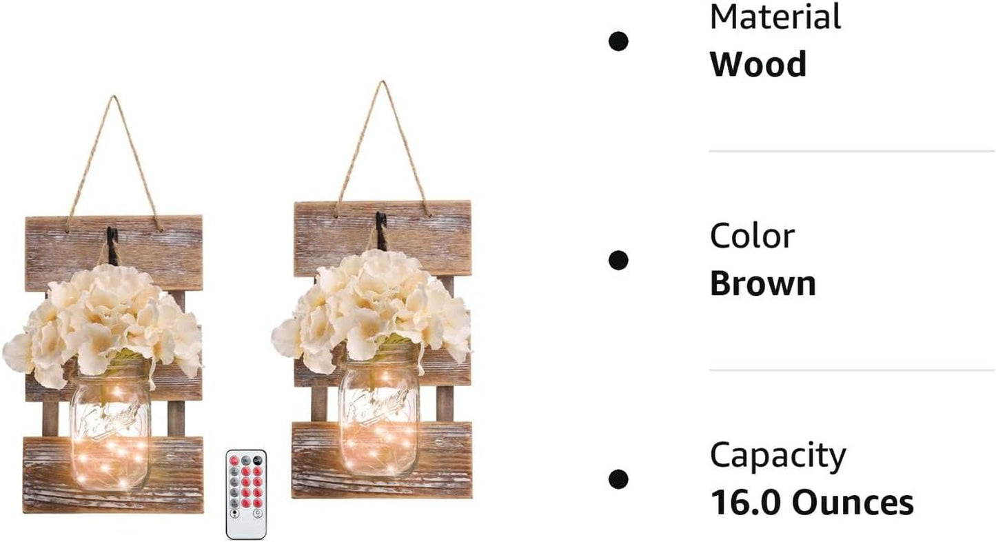 Mason Jar Wall Decor with LED Fairy Lights and Flowers - Farmhouse Home Decor (Set of 2)