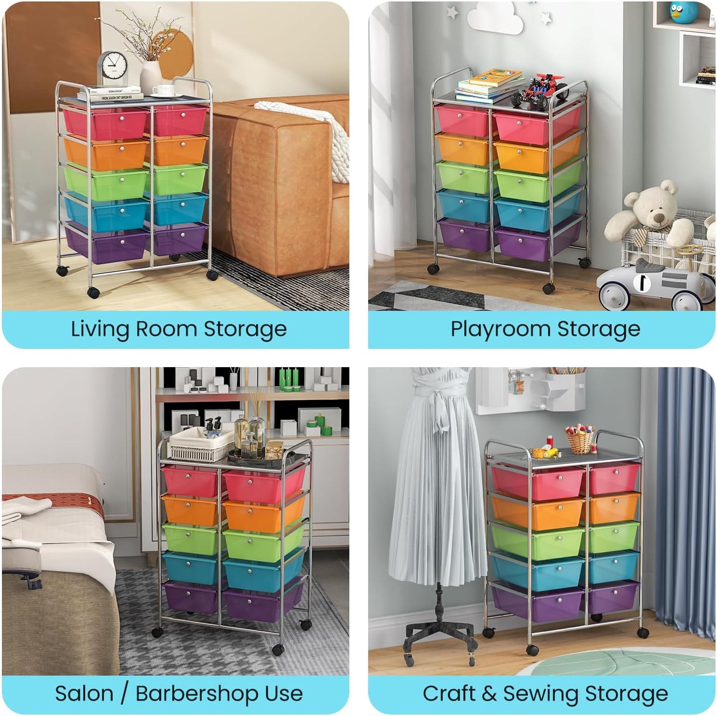 10 Drawers Rolling Cart, Classroom Organizers, Storage Cart with Wheels, for Teacher Office Home School Supplies Tool Craft Art Paper