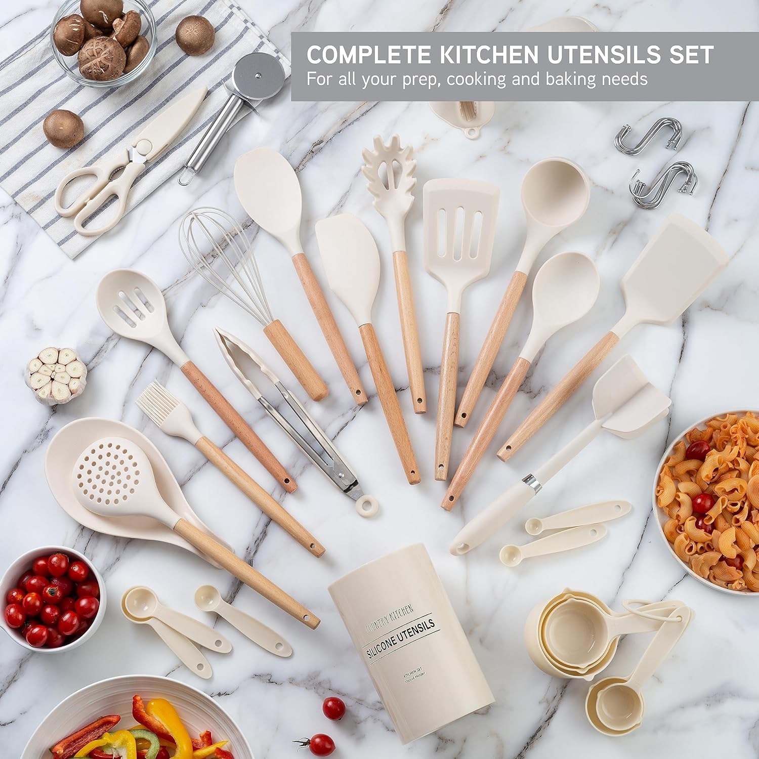 Cooking Utensils Set - 38 Pcs Non-Stick Silicone Spatula Set with Holder, Wooden Handles and Heat Resistant Gadgets Utensil