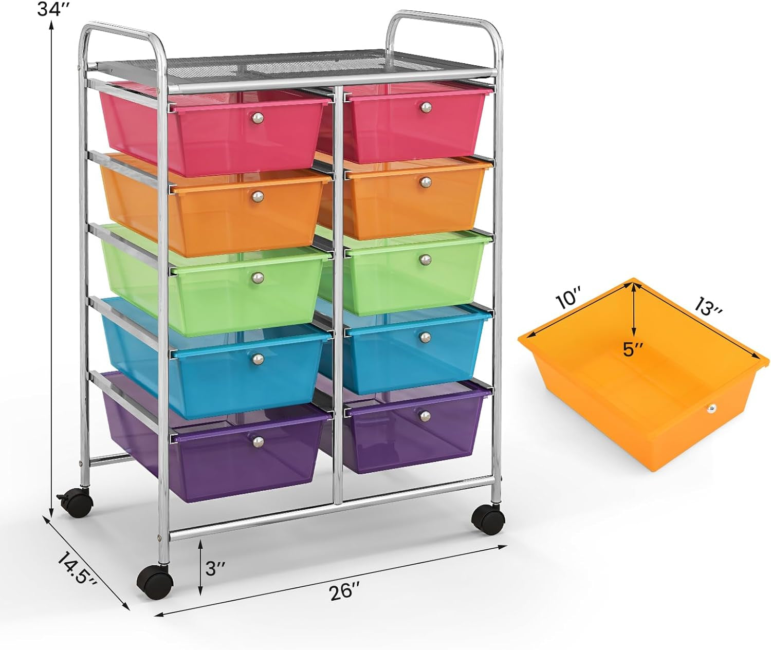 10 Drawers Rolling Cart, Classroom Organizers, Storage Cart with Wheels, for Teacher Office Home School Supplies Tool Craft Art Paper