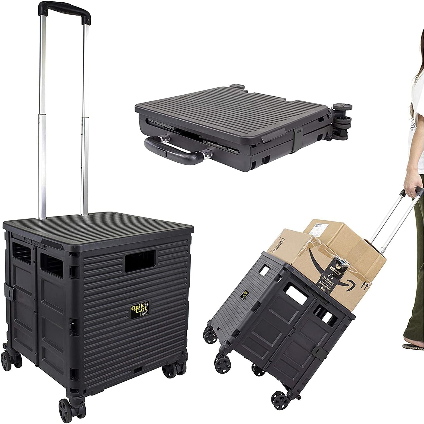 Quik Cart Elite 360 Four Wheeled Rolling Crate Teacher Utility with Seat Heavy Duty Collapsible Basket with Handle, Black