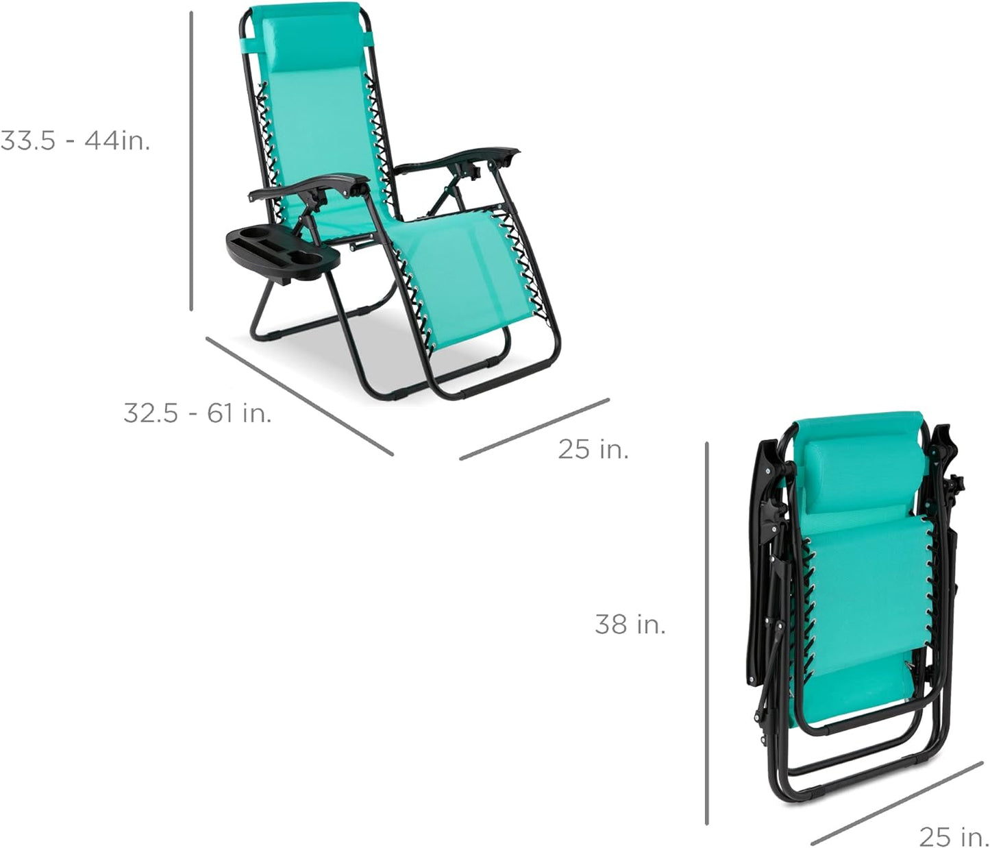 Set of 2 Adjustable Steel Mesh Zero Gravity Lounge Chair Recliners W/Pillows and Cup Holder Trays - Mint