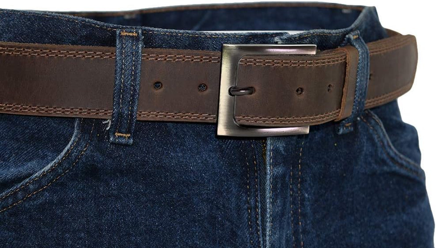 , Men'S Double Row Stitch Full Grain Leather Belt, Western Style, Cowboy Casual Accessory, Handmade