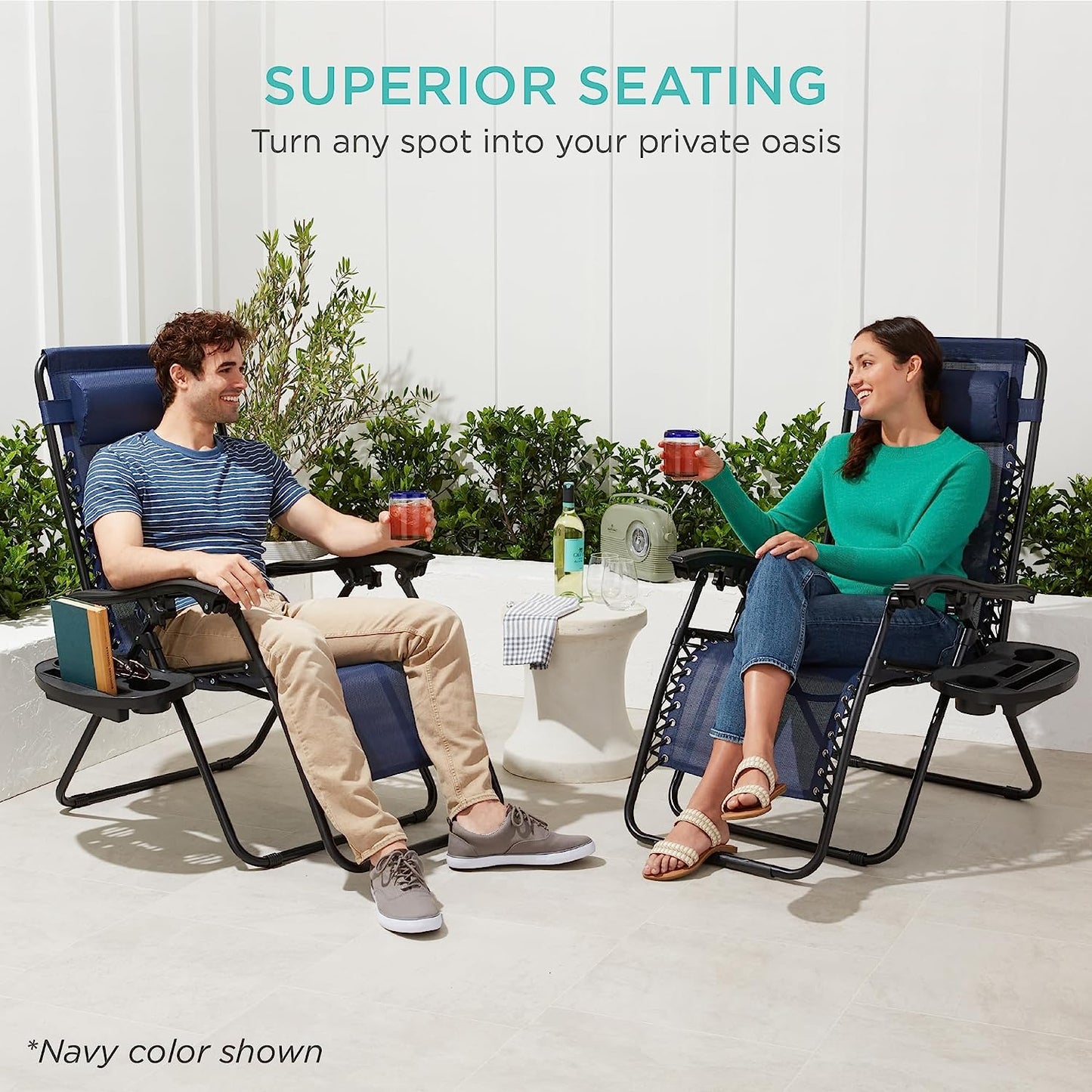 Set of 2 Adjustable Steel Mesh Zero Gravity Lounge Chair Recliners W/Pillows and Cup Holder Trays - Mint