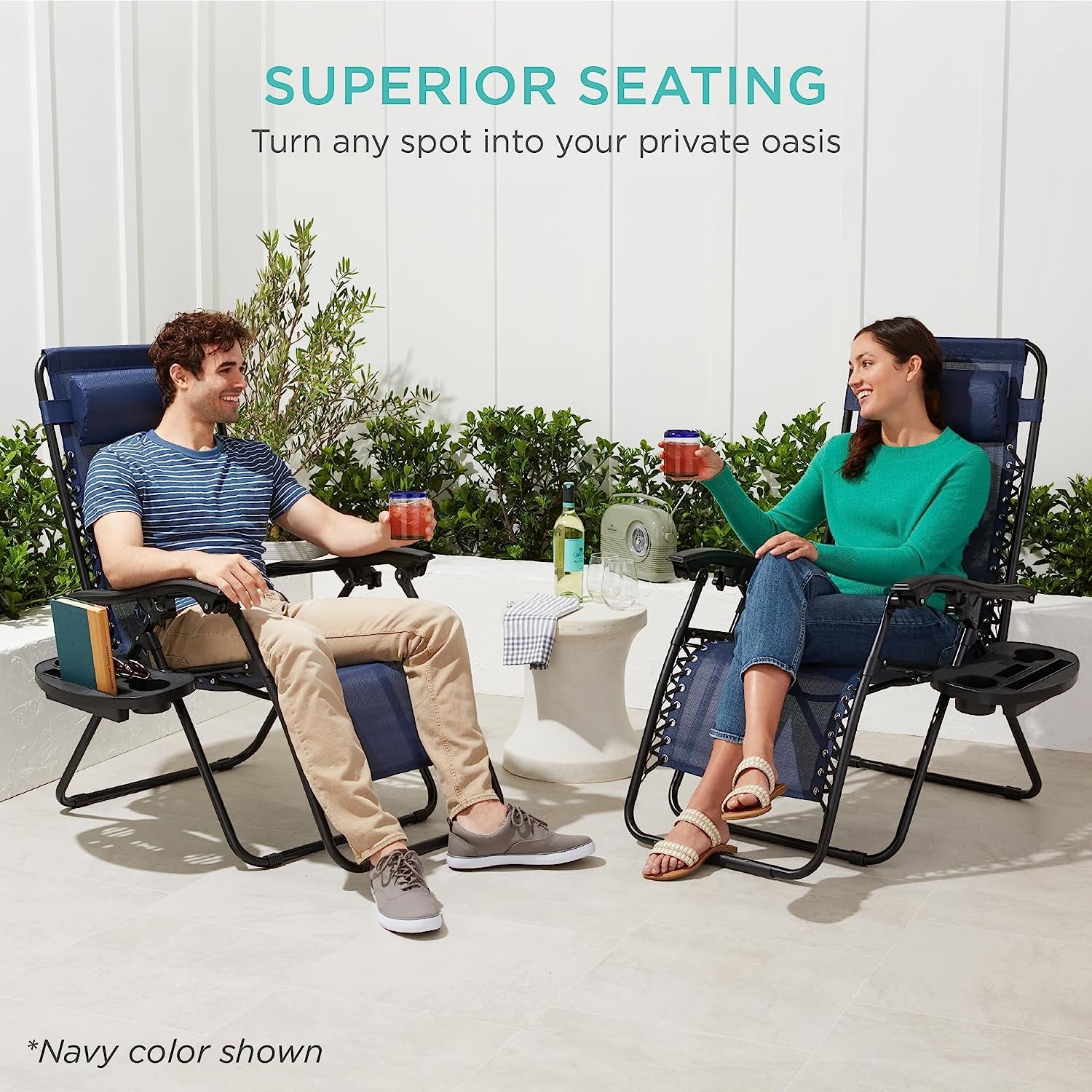 Set of 2 Adjustable Steel Mesh Zero Gravity Lounge Chair Recliners W/Pillows and Cup Holder Trays - Mint