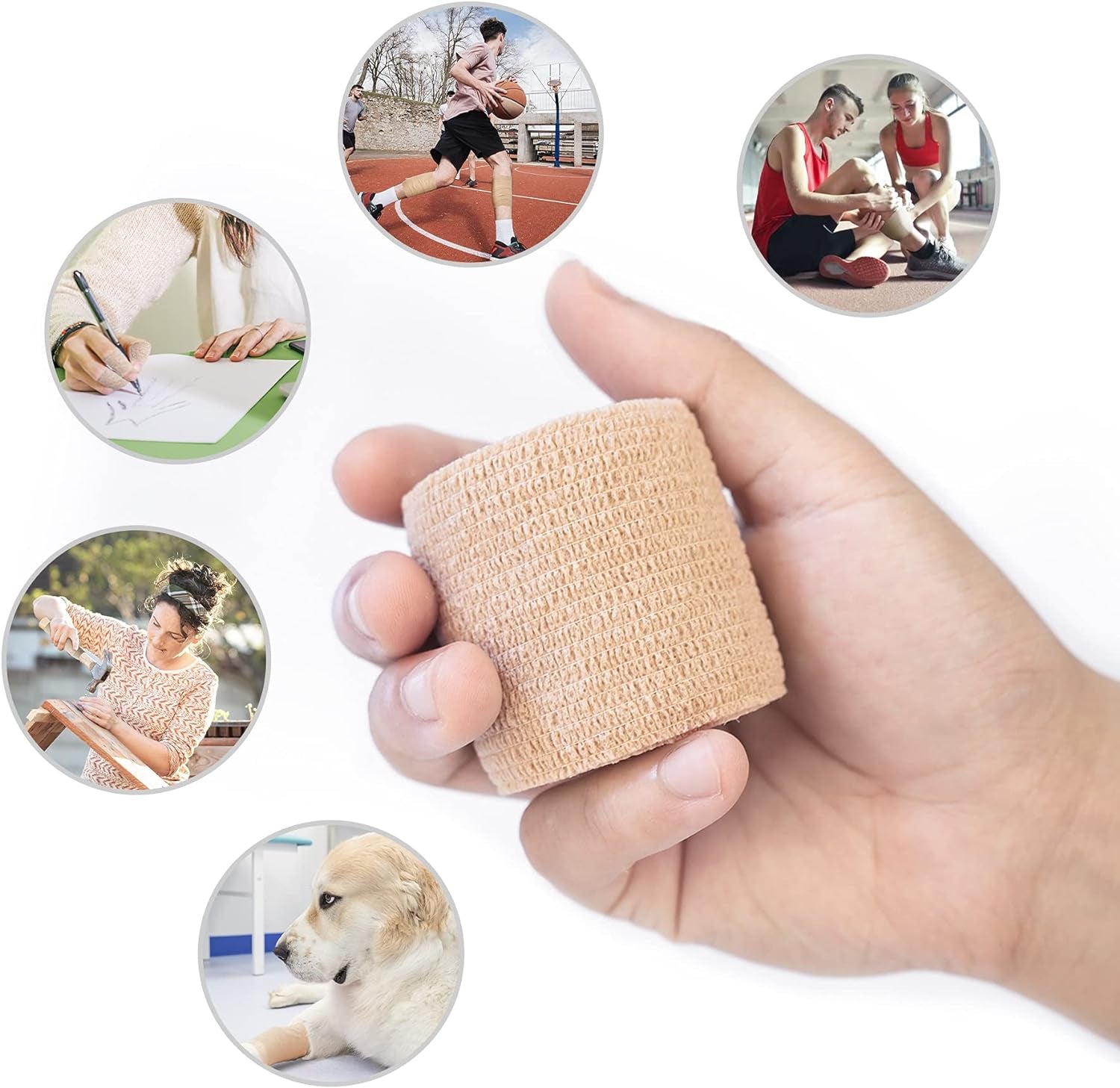 Self Adhesive Bandage Wrap 12 Pack, Athletic Tape 2 Inches X 5 Yards, Sports Tape, Breathable, Waterproof, Elastic Bandage for Sports, Wrist and Ankle Wrap Tape, Non-Woven Bandage(Beige)