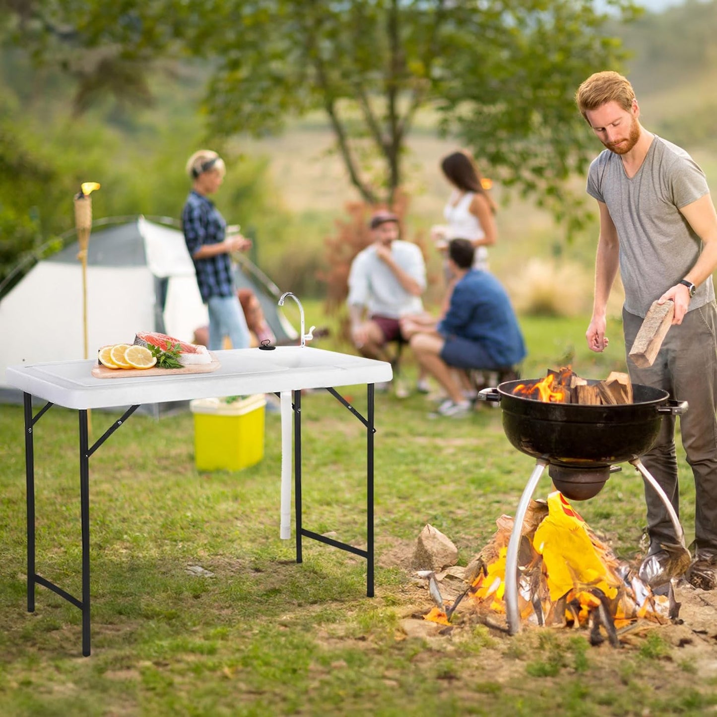 SEEK Outdoor Folding Fish and Game Cleaning Table with Quick Connect Stainless Steel Faucet and Drain Hose for Fishing, Hunting, and Camping Gear