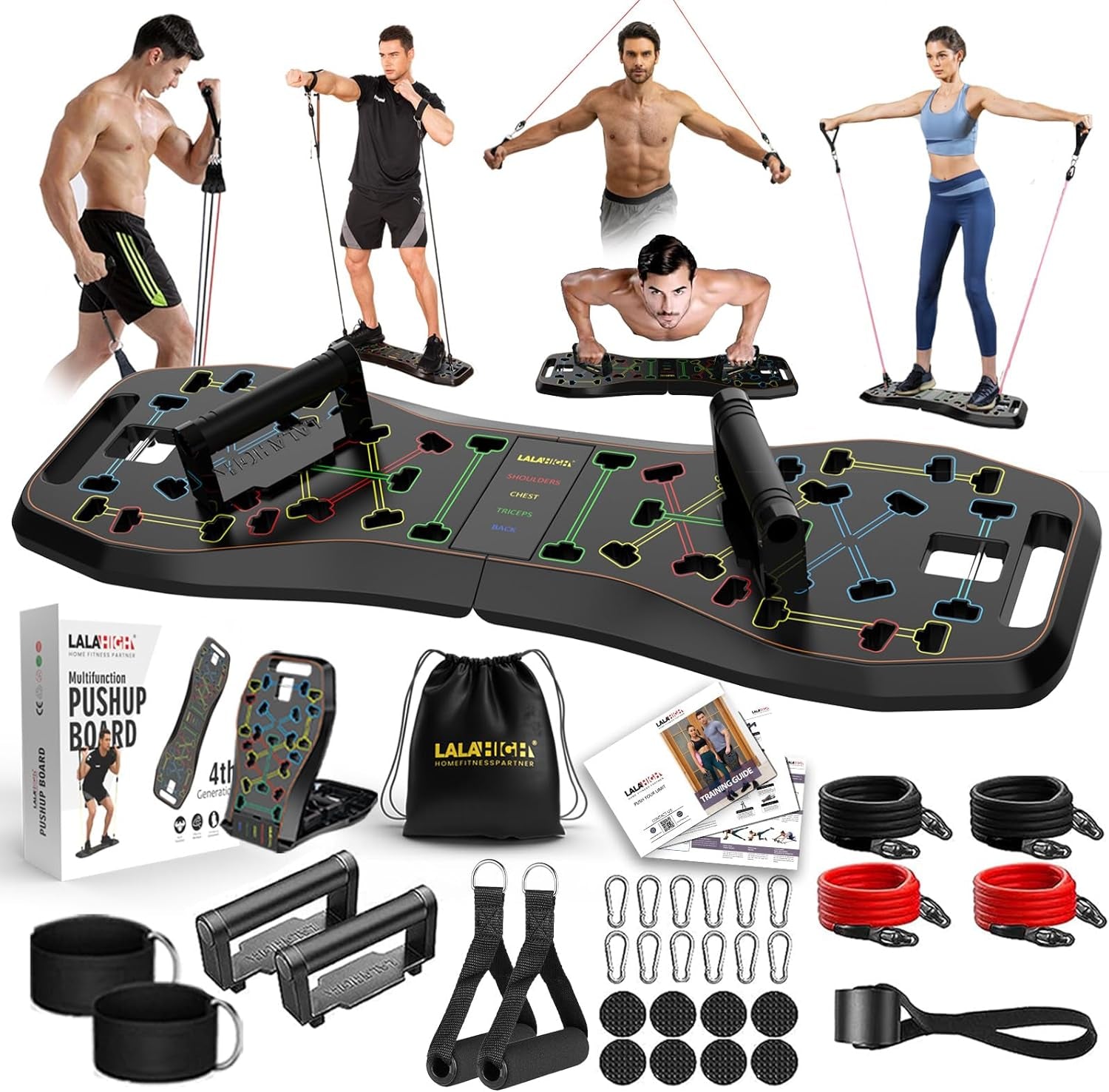 Portable Home Gym System: Large Compact Push up Board, Pilates Bar & 20 Fitness Accessories with Resistance Bands & Ab Roller Wheel - Full Body Workout for Men and Women, Gift for Boyfriend