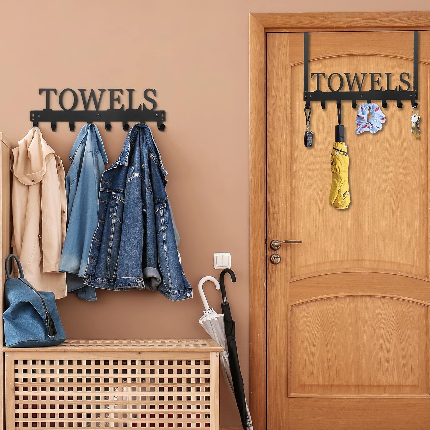 2 Pack Towel Rack Towel Hooks Towel Holder for Bathroom over the Door Hooks Door Mount Towel Hanger Storage Wall Mounted Hooks Organizer for Pool Beach Towels Bathrobe Metal Sandblasted (Black)