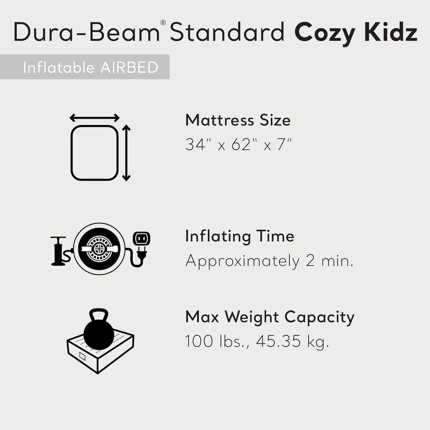 66803EP Cozy Kidz Inflatable Airbed: Fiber-Tech – Velvety Soft Surface – Carry Bag Included – Color May Vary – 34.5" X 62" X 7"