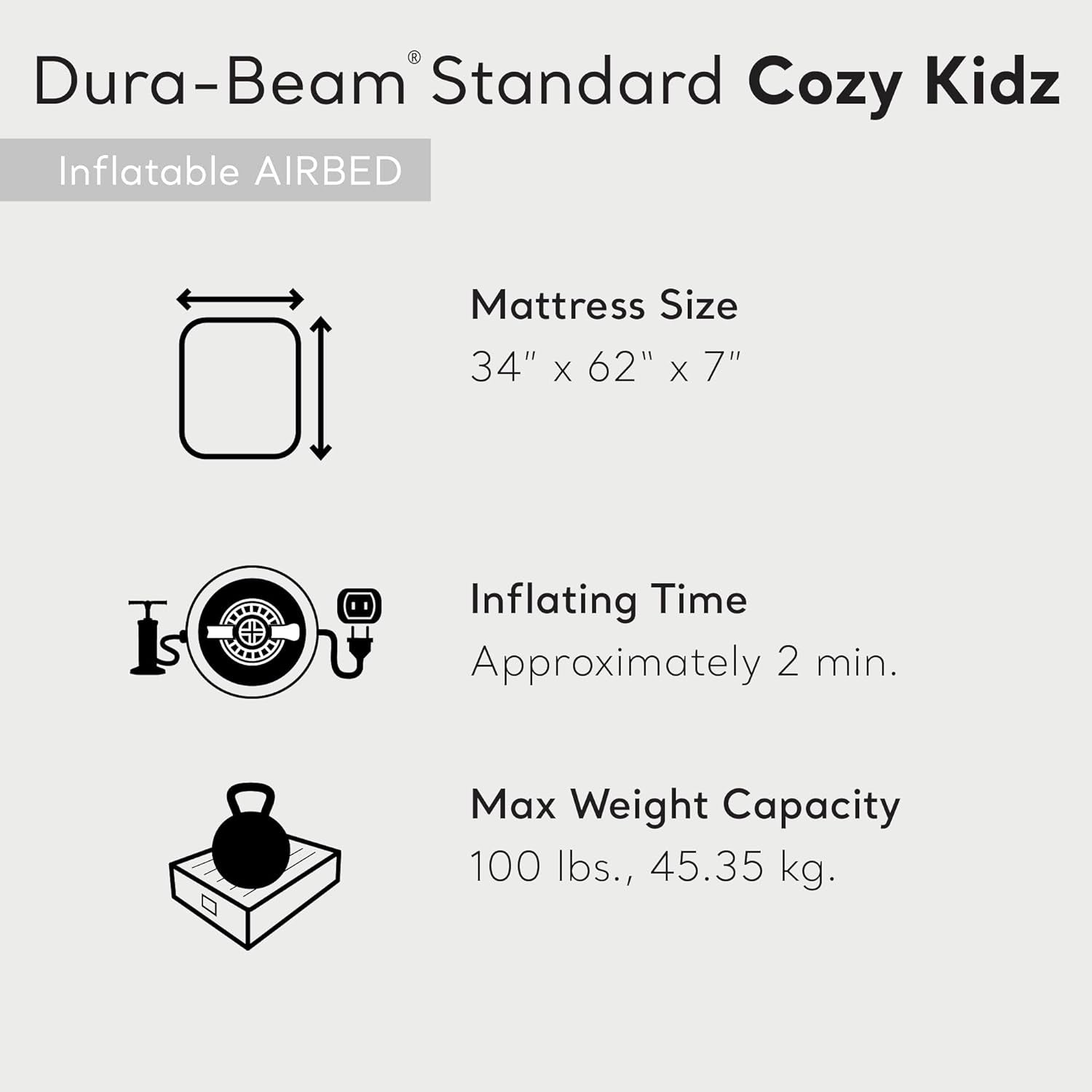 66803EP Cozy Kidz Inflatable Airbed: Fiber-Tech – Velvety Soft Surface – Carry Bag Included – Color May Vary – 34.5" X 62" X 7"