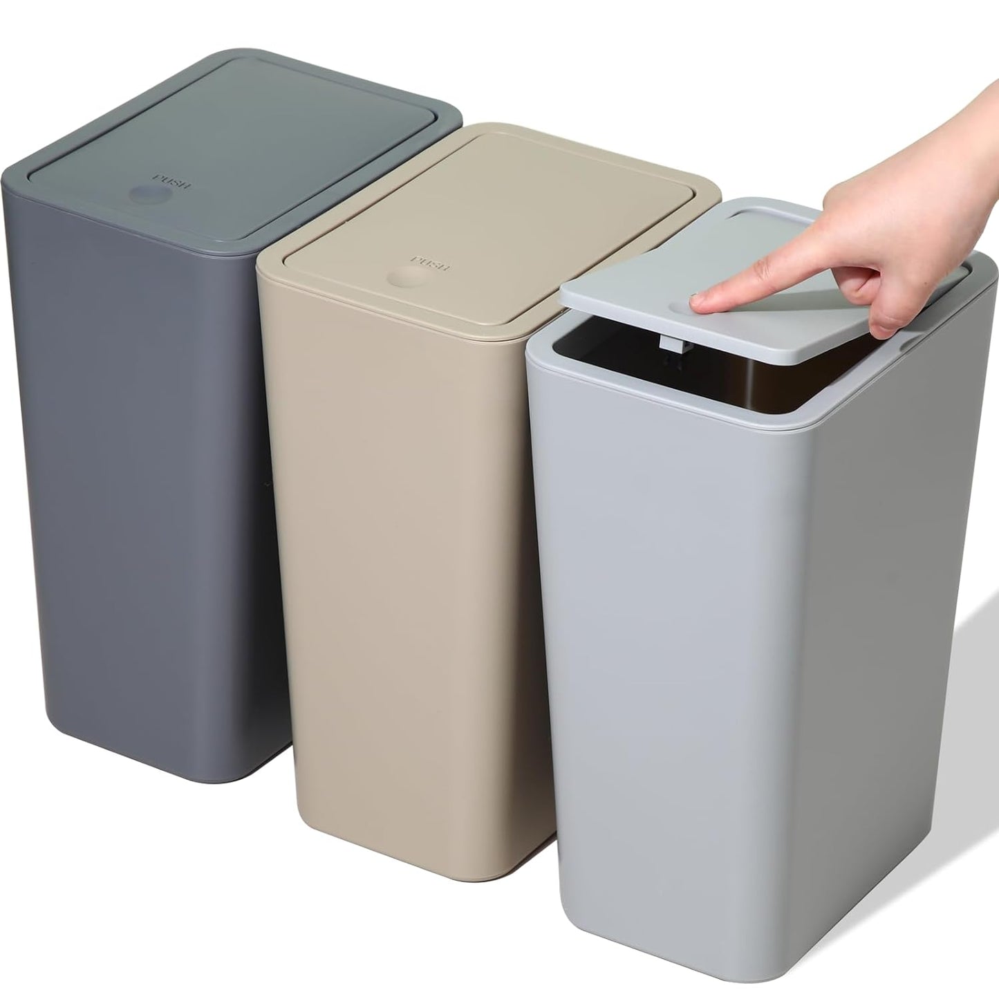 3 Pack Bathroom Small Trash Can with Lid,10L / 2.6 Gallon Slim Garbage Bin Wastebasket with Pop-Up Lid for Bedroom, Office, Kitchen, Craft Room, Fits under Desk/Cabinet/Sink/