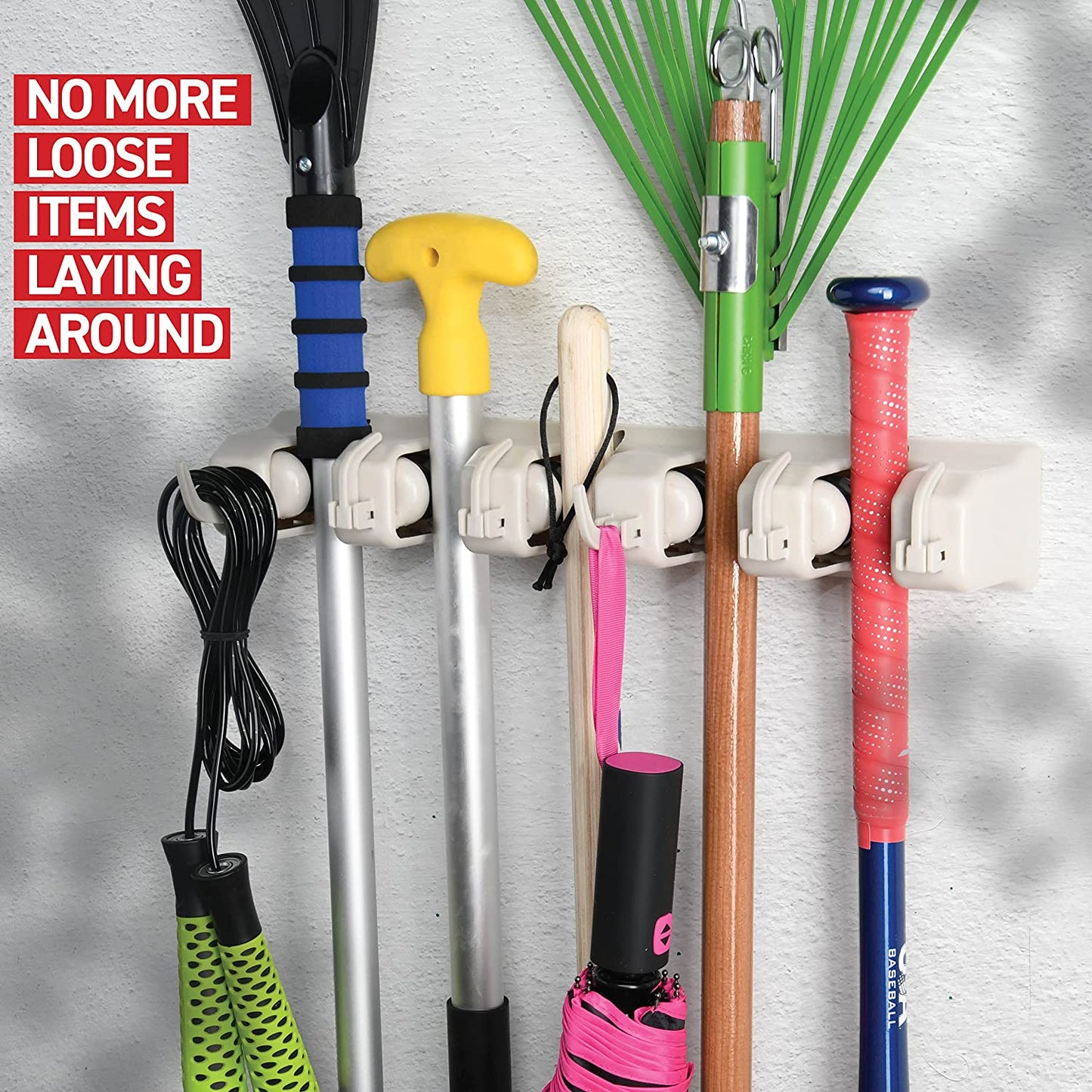 Mop and Broom Holder - Garage Storage Systems with 5 Slots, 6 Hooks, 7.5Lbs Capacity per Slot - Garden Tool Organizer for 11 Tools - for Home, Kitchen, Closet, Laundry Room - Off-White