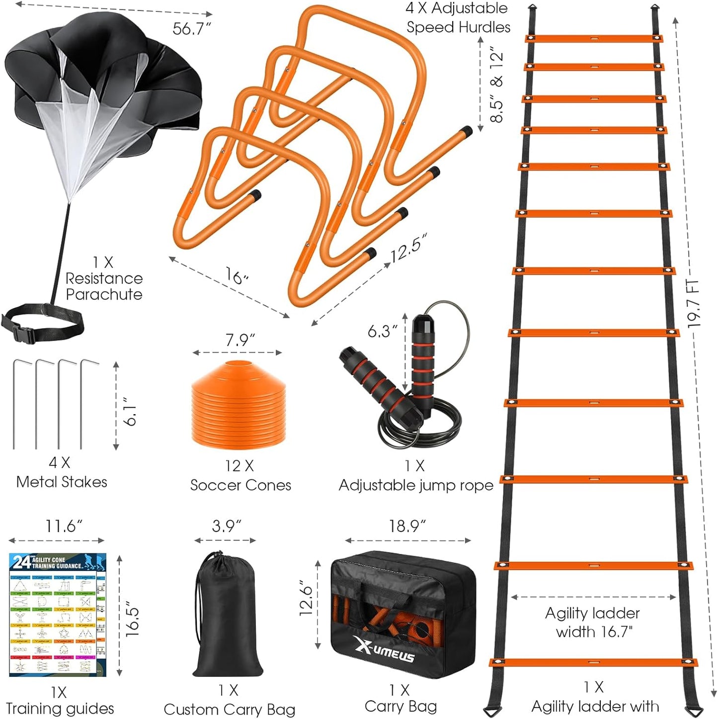 Agility Ladder Speed Training Equipment Set-20Ft Agility Ladder,12 Soccer Cones,4 Hurdles, Jump Rope, Running Parachute| Basketball Football Soccer Training Equipment for Kids Youth Adults